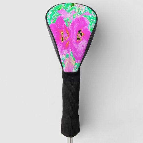 Two Hot Pink Plum Crazy Hibiscus on Lime Green Golf Head Cover