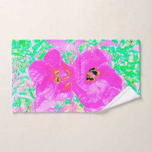 Two Hot Pink Plum Crazy Hibiscus on Lime Green Hand Towel