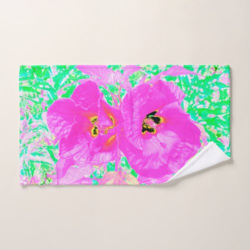 Two Hot Pink Plum Crazy Hibiscus on Lime Green Hand Towel