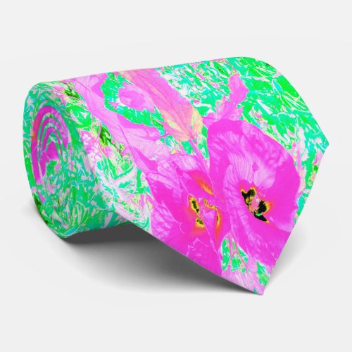 Two Hot Pink Plum Crazy Hibiscus on Lime Green Neck Tie