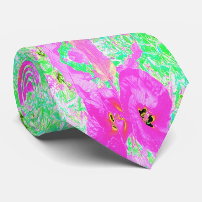 Two Hot Pink Plum Crazy Hibiscus on Lime Green Neck Tie (Rolled)