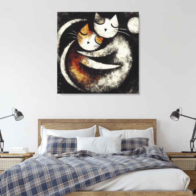  Two Hugging Cats Canvas Print – Chagall-Inspired  (Insitu(Bedroom))