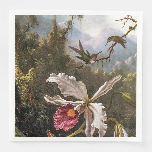Two Hummingbirds above a White Orchid Paper Dinner Napkins (Front)