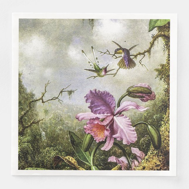 Two Hummingbirds and a Pink Orchid  Paper Dinner Napkins (Front)