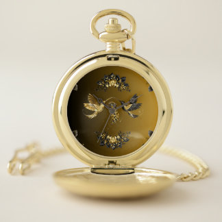 Two Hummingbirds, Gold Botanical Illustration Pocket Watch