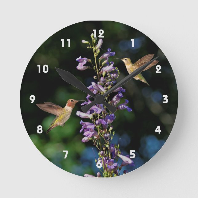 Two Hummingbirds In Flight With Flowers Wall Clock (Front)
