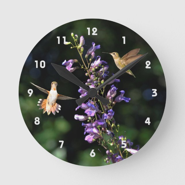 Two Hummingbirds In Flight With Flowers Wall Clock (Front)