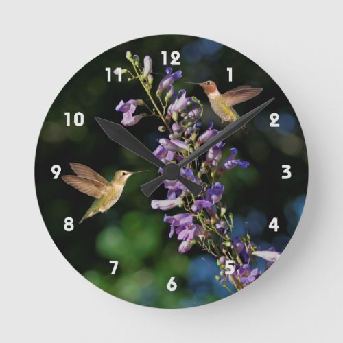 Two Hummingbirds In Flight With Flowers Wall Clock