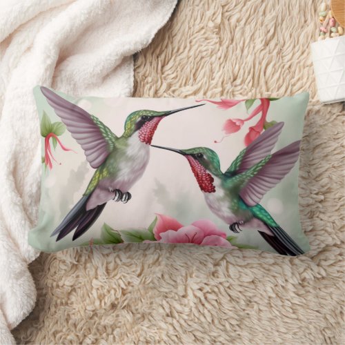 Two Hummingbirds with Pink Hibiscus Flower Lumbar Pillow