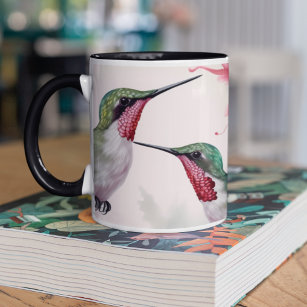 Two Hummingbirds with Pink Hibiscus Flower Two-Tone Coffee Mug