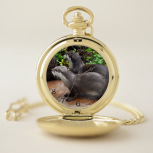Two Hungry Otters Waiting For Fish,- Pocket Watch