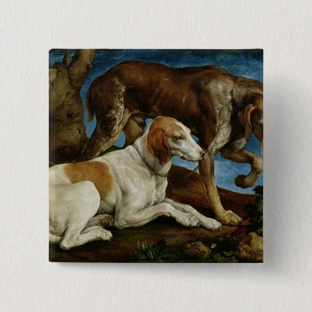 Two Hunting Dogs Tied to a Tree Stump, c.1548-50 Pinback Button (Front)