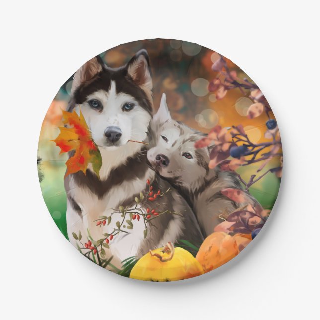 Two husky dogs, a garden cart and pumpkins	 paper plates (Front)