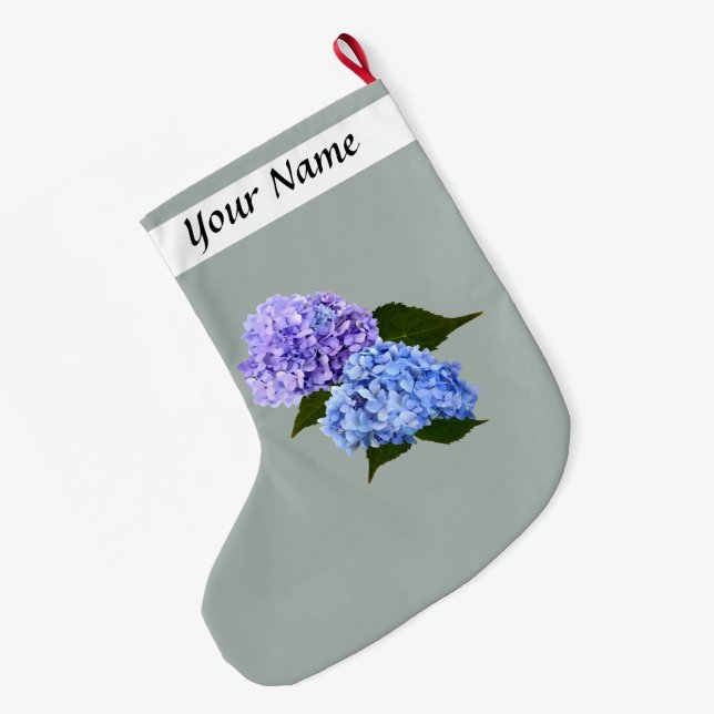 Two Hydrangea Lavender and Blue Large Christmas Stocking (Back (Hanging))