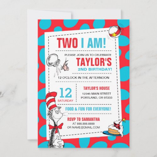 Two I Am  The Cat in the Hat Birthday Invitation
