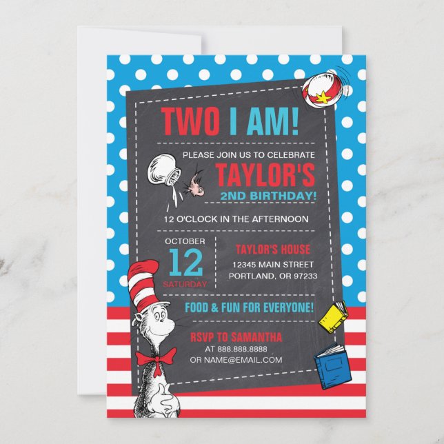 Two I Am | The Cat in the Hat Chalkboard Birthday Invitation (Front)