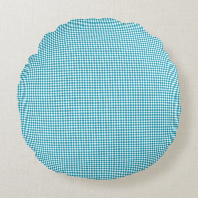 Two images of a round pillow with a blue checkered (Front)