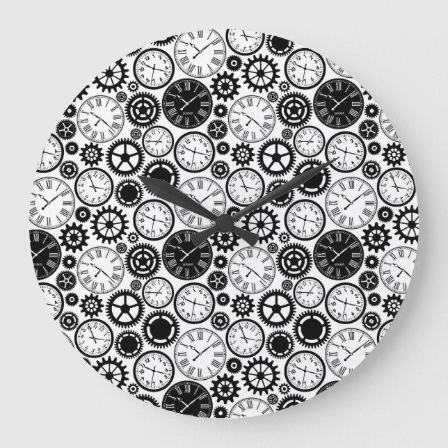 Two images show a round wall clock with a black  (Front)