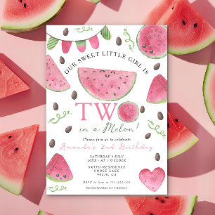 Two in a Melon Cute Watermelon Girl 2nd Birthday Invitation
