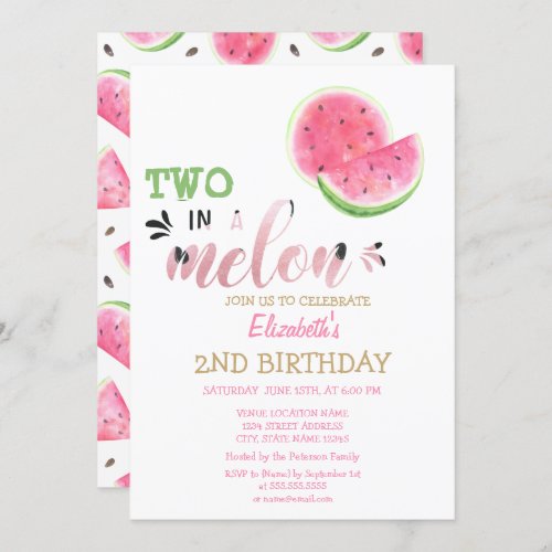 Two In A Melon Watermelons 2nd Birthday  Invitation