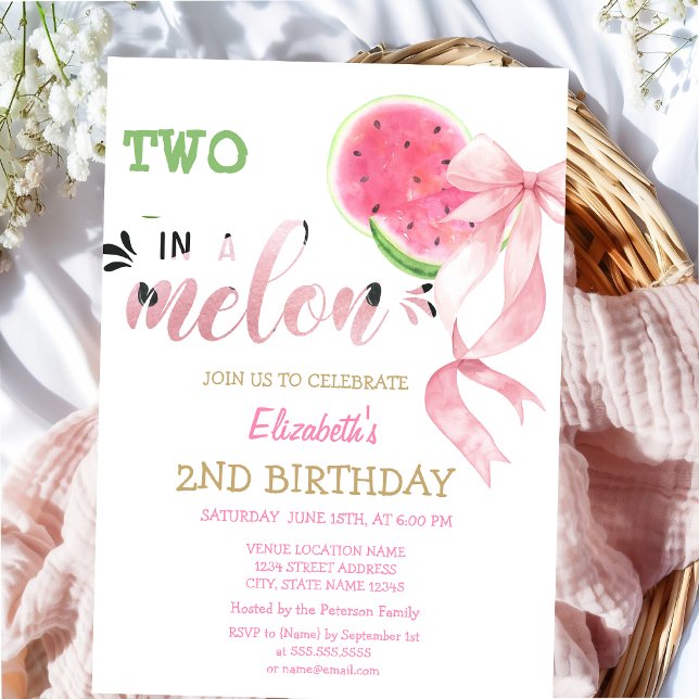 Two In A Melon Watermelons Pink Bow 2nd Birthday  Invitation (Creator Uploaded)