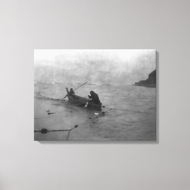 Two Indians Fishing on Lake Quinault on Canoe Canvas Print (Front)
