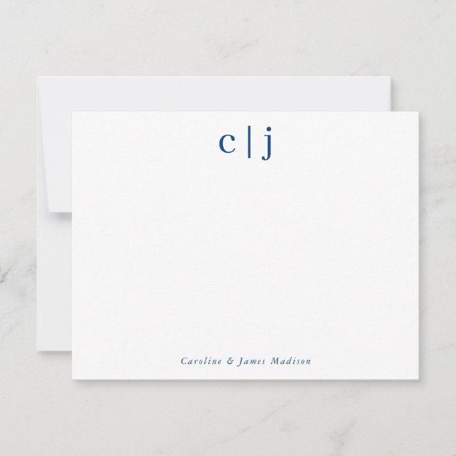 Two Initial Monogram Navy Blue Couple Stationery Note Card (Front)