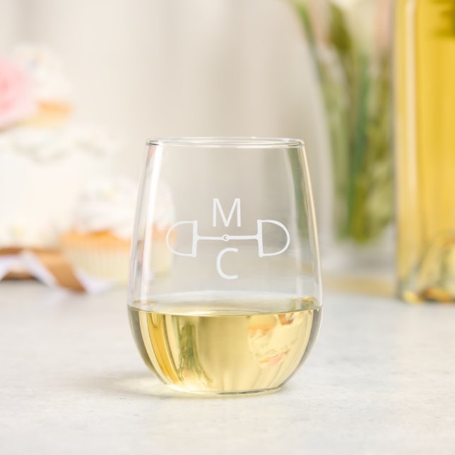 Two Initial Snaffle Bit Equestrian Monogram Stemless Wine Glass (Wedding)