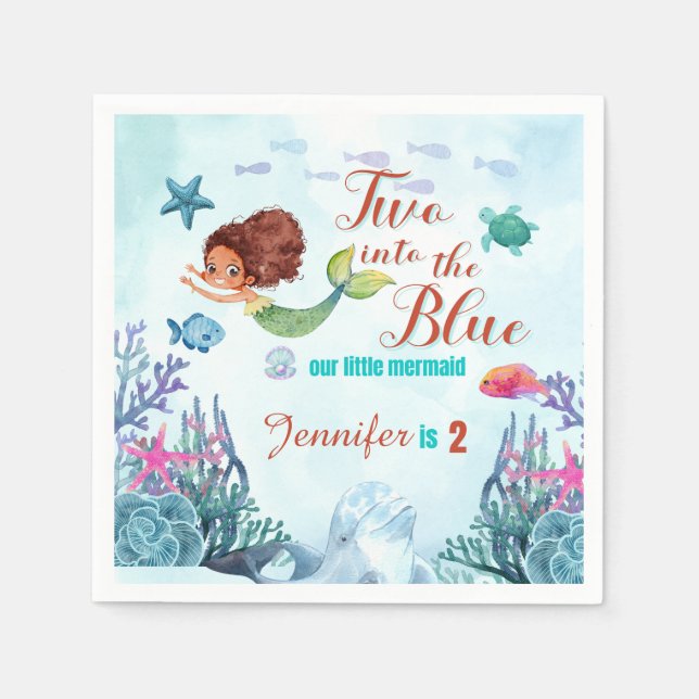 Two into the Blue Brown Mermaid Girls 2nd birthday Napkins (Front)
