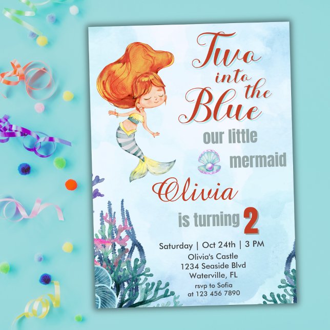 Two into the Blue Mermaid Girls 2nd birthday Invitation (Creator Uploaded)