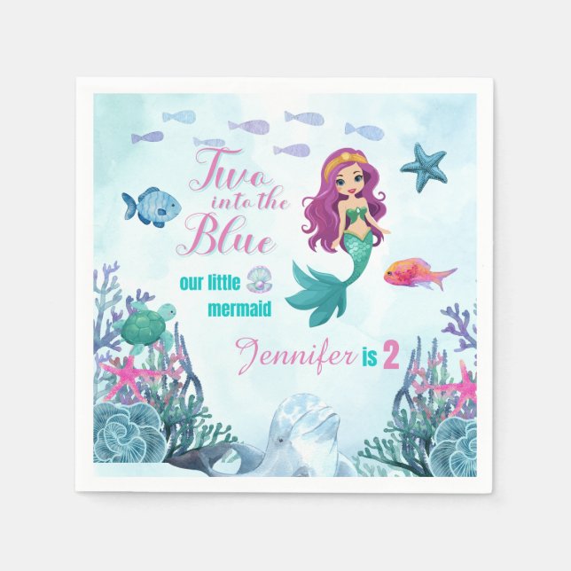 Two into the Blue Purpl Mermaid Girls 2nd birthday Napkins (Front)