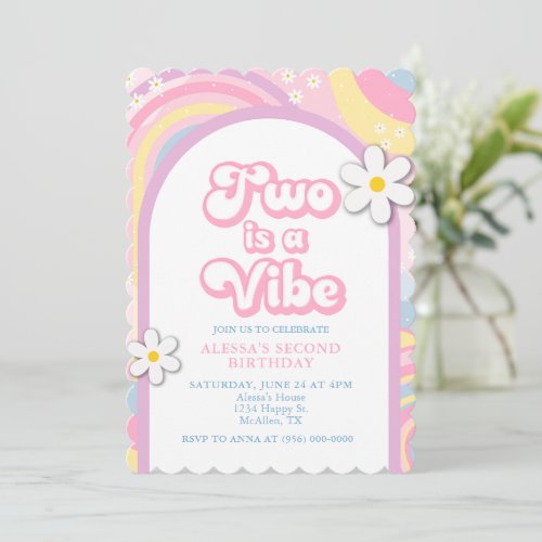 Two is a Vibe Groovy Retro Girl Pastel Colors Invitation