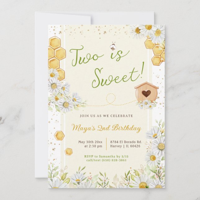 Two is Sweet Bumblebee Second 2nd Birthday Party  Invitation (Front)