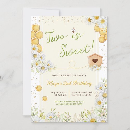 Two is Sweet Bumblebee Second 2nd Birthday Party  Invitation