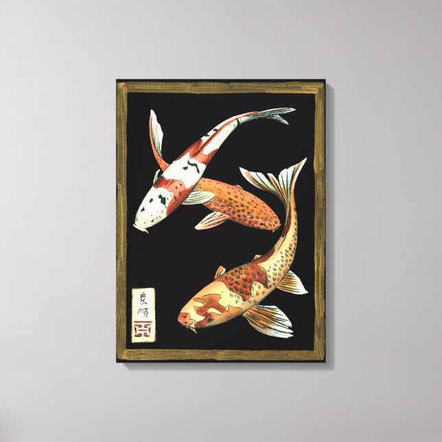 Two Japanese Koi Goldfish on Black Background Canvas Print (Front)