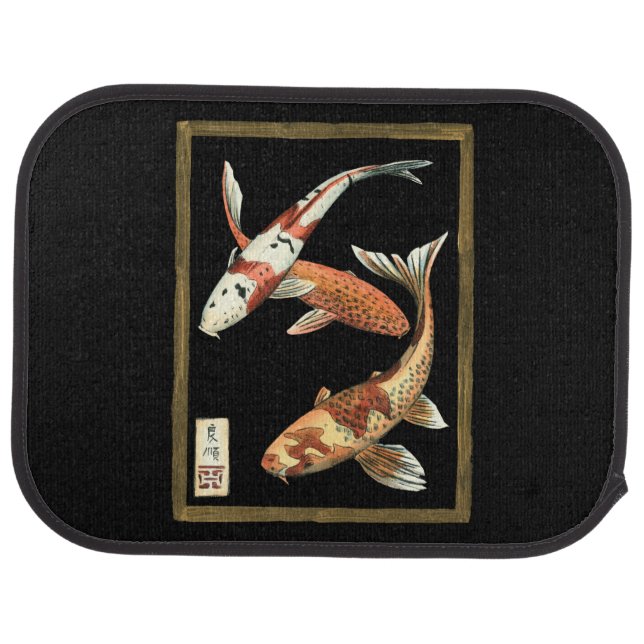 Two Japanese Koi Goldfish on Black Background Car Floor Mat (Rear)