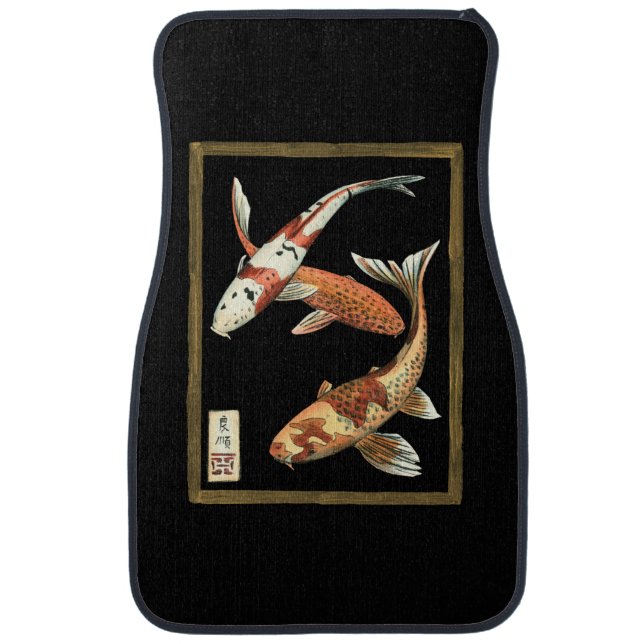 Two Japanese Koi Goldfish on Black Background Car Mat (Front)