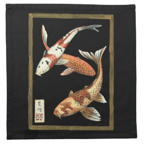 Two Japanese Koi Goldfish on Black Background Cloth Napkin