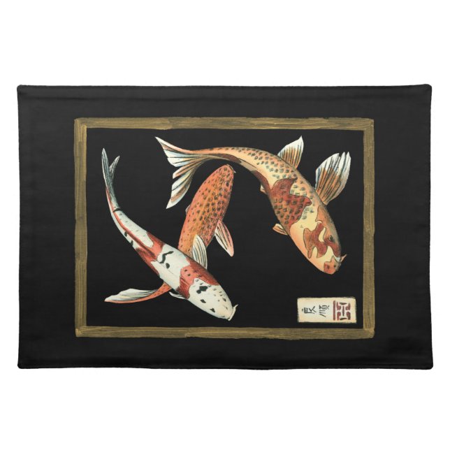 Two Japanese Koi Goldfish on Black Background Cloth Placemat (Front)