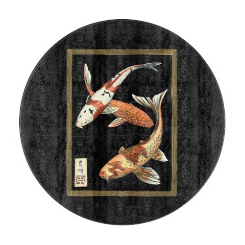 Two Japanese Koi Goldfish on Black Background Cutting Board