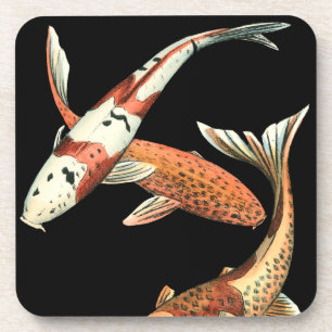 Two Japanese Koi Goldfish on Black Background Drink Coaster