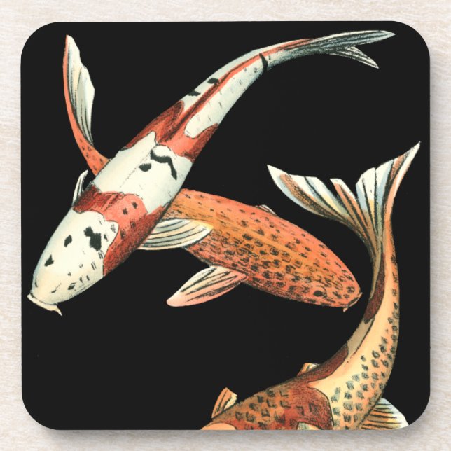 Two Japanese Koi Goldfish on Black Background Drink Coaster (Front)