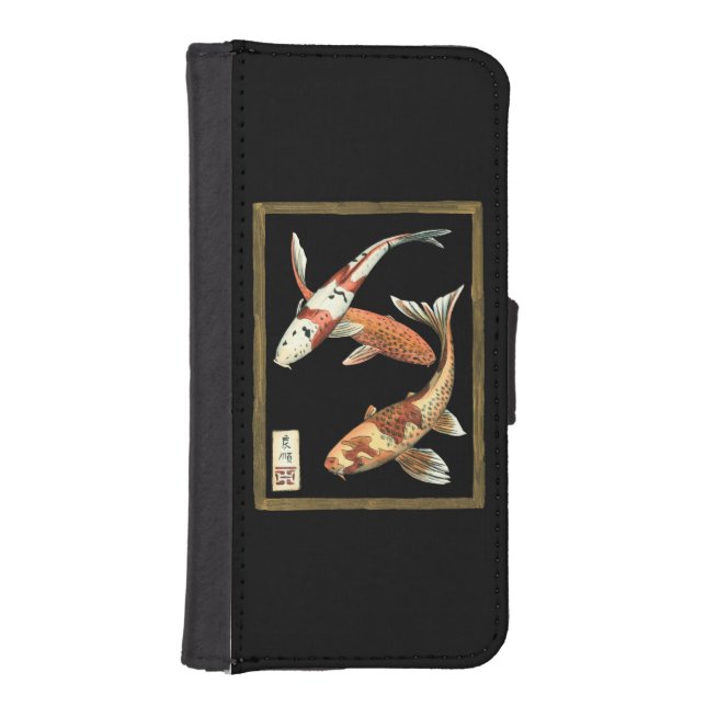 Two Japanese Koi Goldfish on Black Background iPhone Wallet Case (Front)