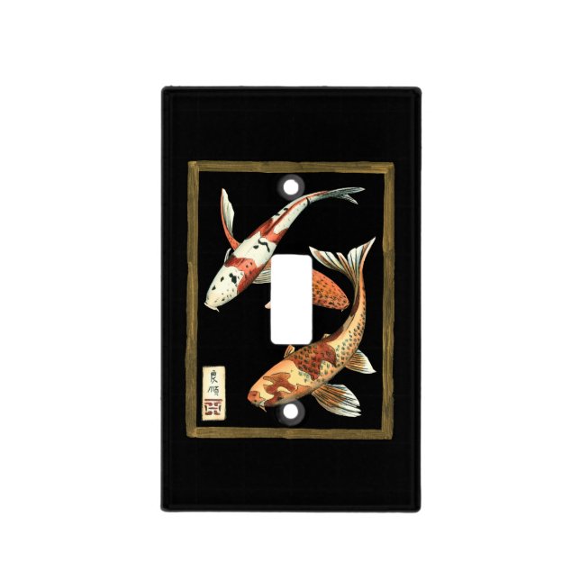 Two Japanese Koi Goldfish on Black Background Light Switch Cover (Front)