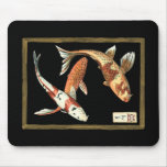 Two Japanese Koi Goldfish on Black Background Mouse Pad