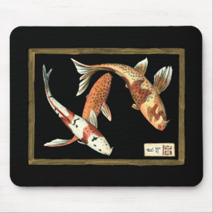 Two Japanese Koi Goldfish on Black Background Mouse Pad