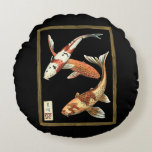Two Japanese Koi Goldfish on Black Background Round Pillow