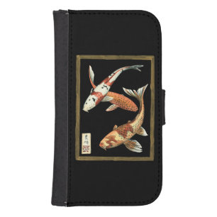 Two Japanese Koi Goldfish on Black Background Galaxy S4 Wallet Case