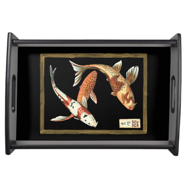 Two Japanese Koi Goldfish on Black Background Serving Tray (Front)