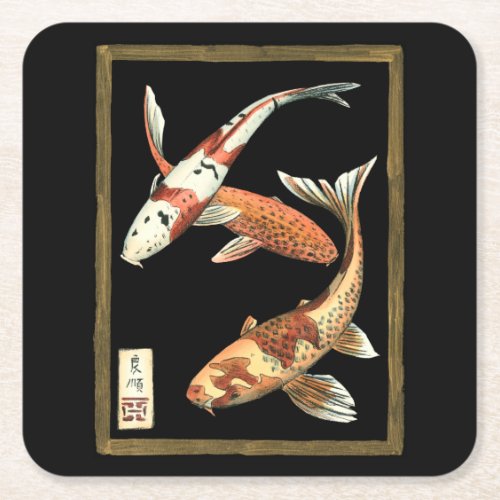 Two Japanese Koi Goldfish on Black Background Square Paper Coaster